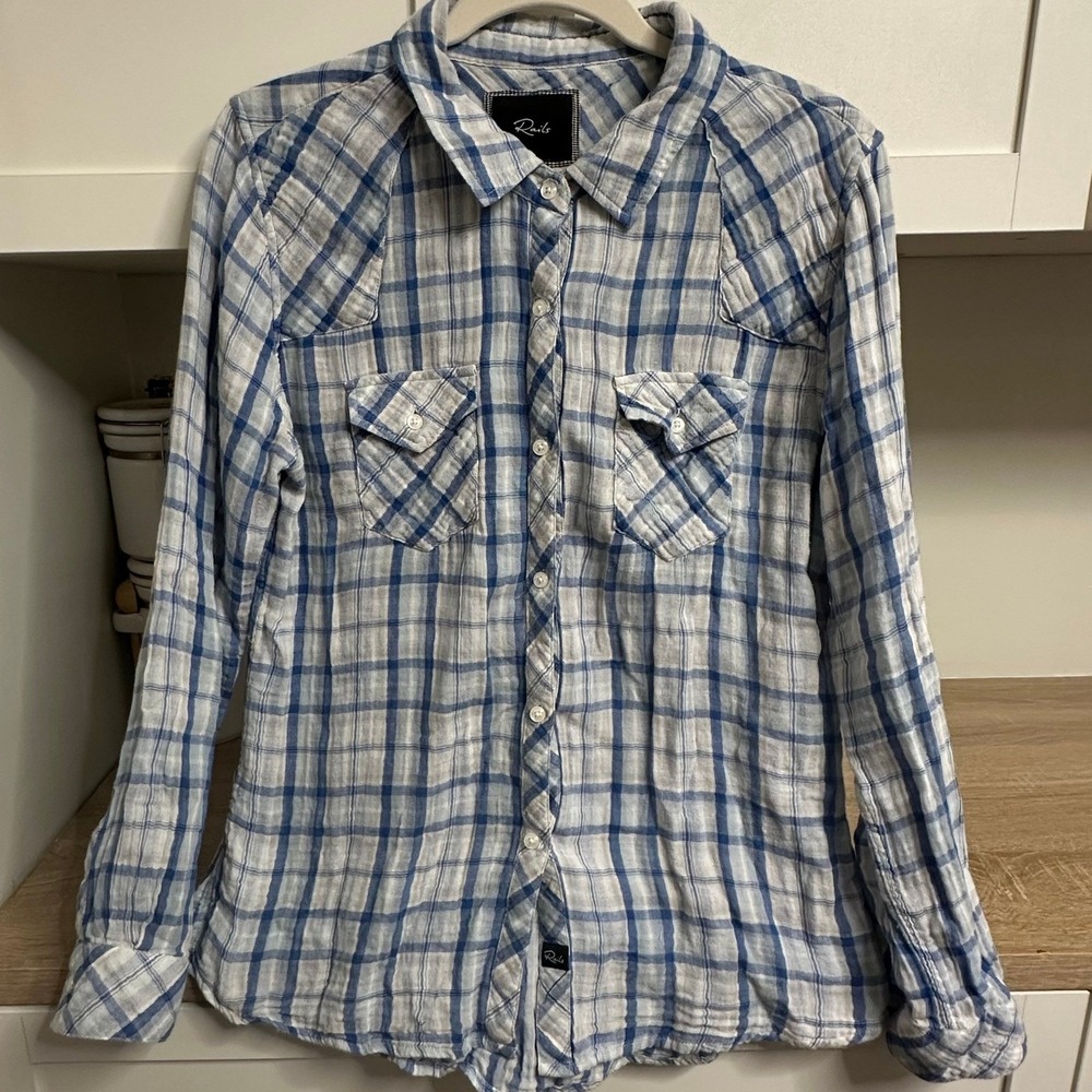 Rails‎ Kendra Plaid Lightweight Button Down Shirt Womens L Blue White Western